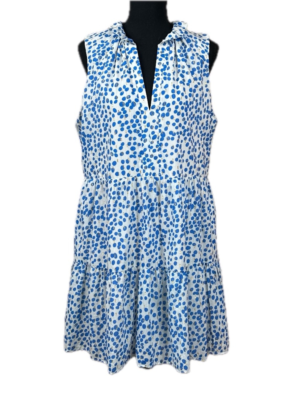 Amanda Uprichard Blue Gold Metallic Cotton Tiered Dress Size L